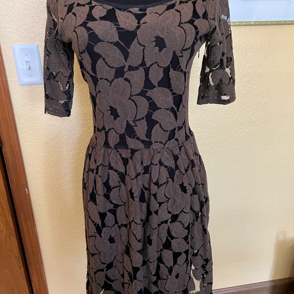 Anthropologie Brown black Floral Lace Dress size S